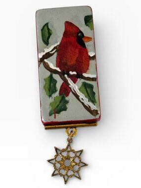 Cardinal Christmas Pin Brooch Domino Hand-Painted Snowflake Charm Winter Jewelry